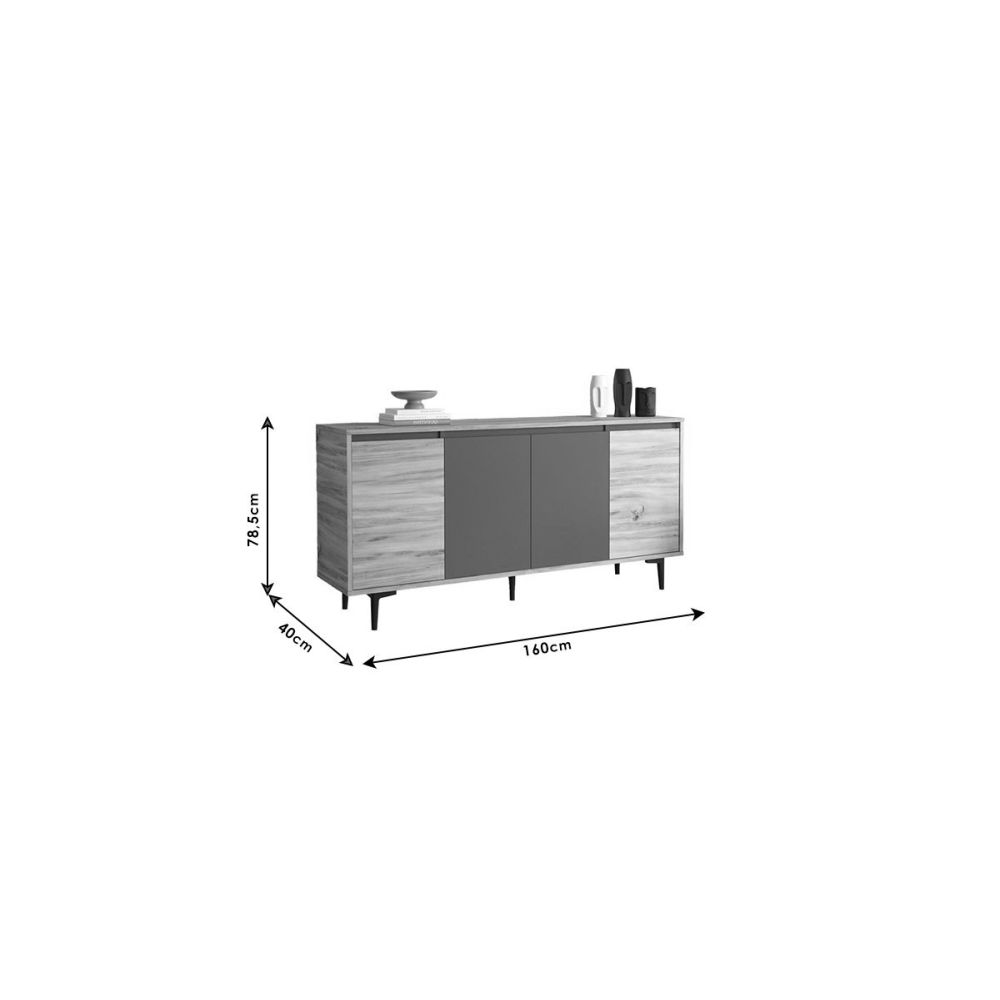 Aparador Moderno de 4 Puertas - Roble-Antracita - 160x40x78,5cm - Elegante Almacenamiento para Sala de Estar.