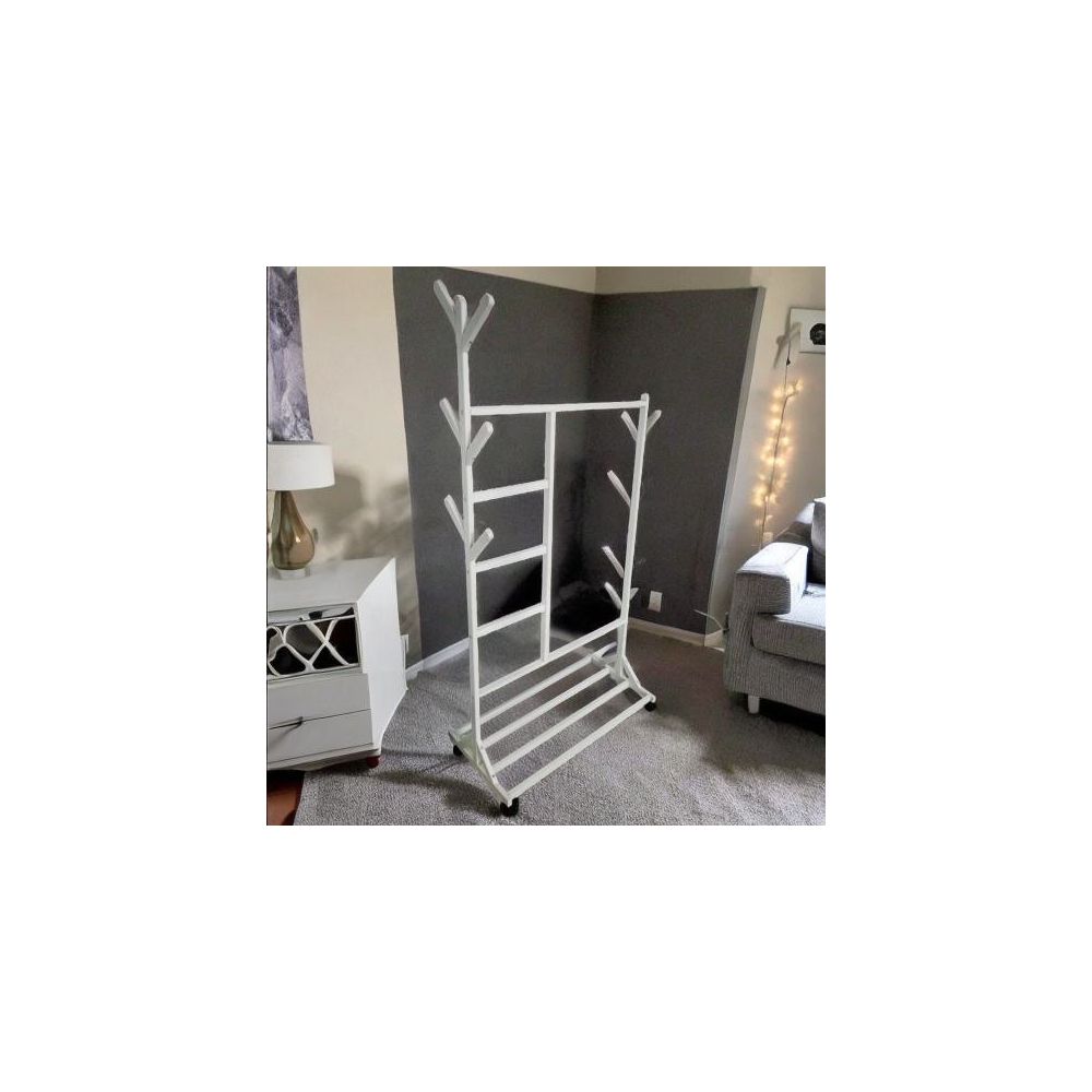 Perchero colgador multiusos con ruedas,  portatil, madera maciza color blanco