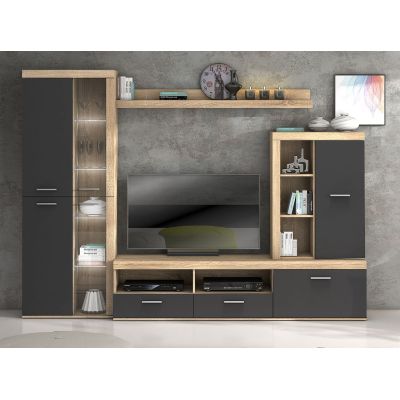 Mueble de Salón Moderno con Leds, Acabado en Cambria - Grafito, Medidas: 260 cm (An) x 191 cm (Al) 47,5 cm (Fon) Meyvaser