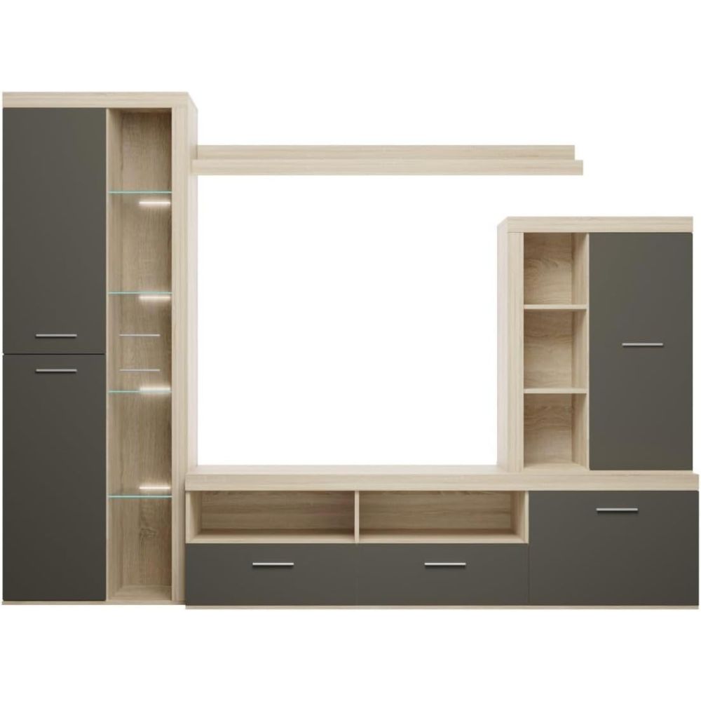 Mueble de Salón Moderno con Leds, Acabado en Cambria - Grafito, Medidas: 260 cm (An) x 191 cm (Al) 47,5 cm (Fon) Meyvaser