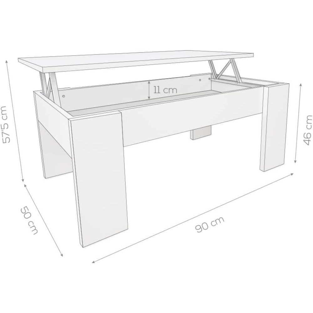 Mesa de Centro Elevable, Mesita de Salón o Comedor, Acabado en Color Blanco, Medidas: 90 cm (An) x 50 cm (Fon) x 46-57 cm (Al)