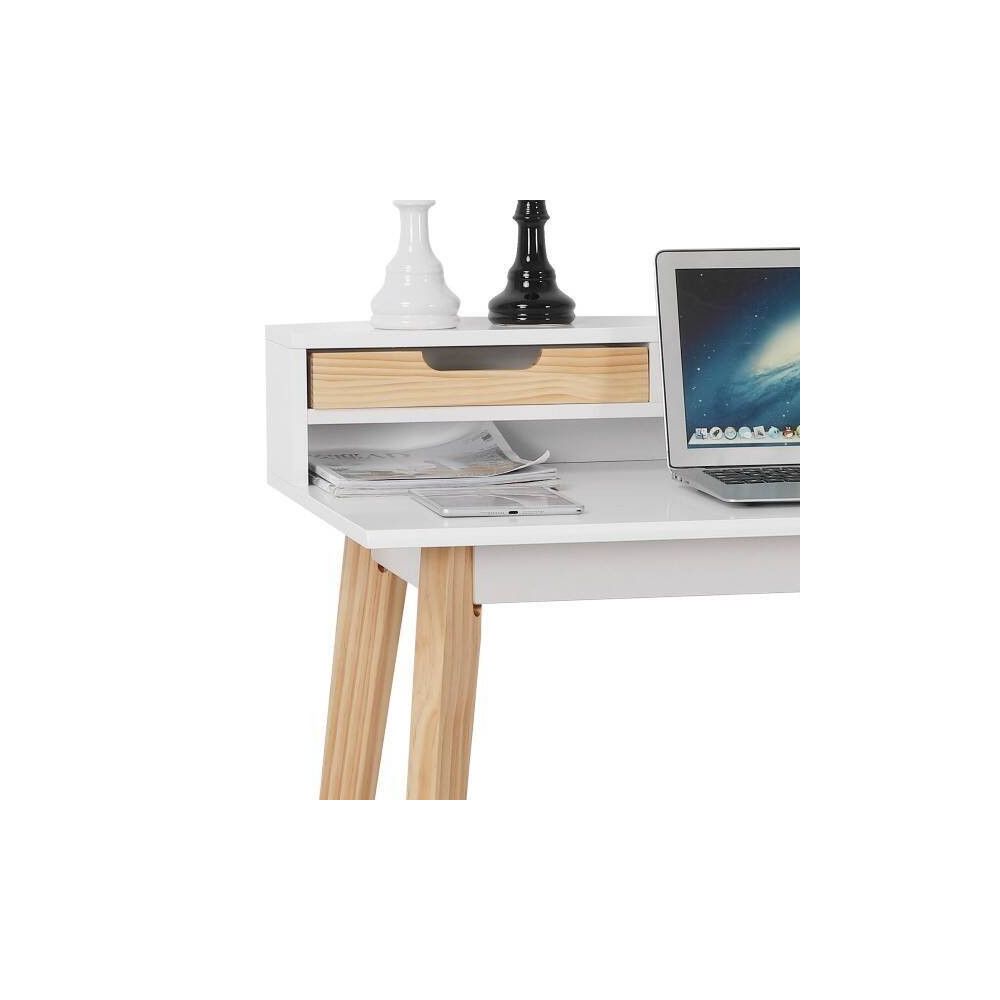 Mesa de Estudio - Escritorio con Encimera MDF Lacado en Blanco Mate y Patas de Pino Macizo – 120x60x90 cm