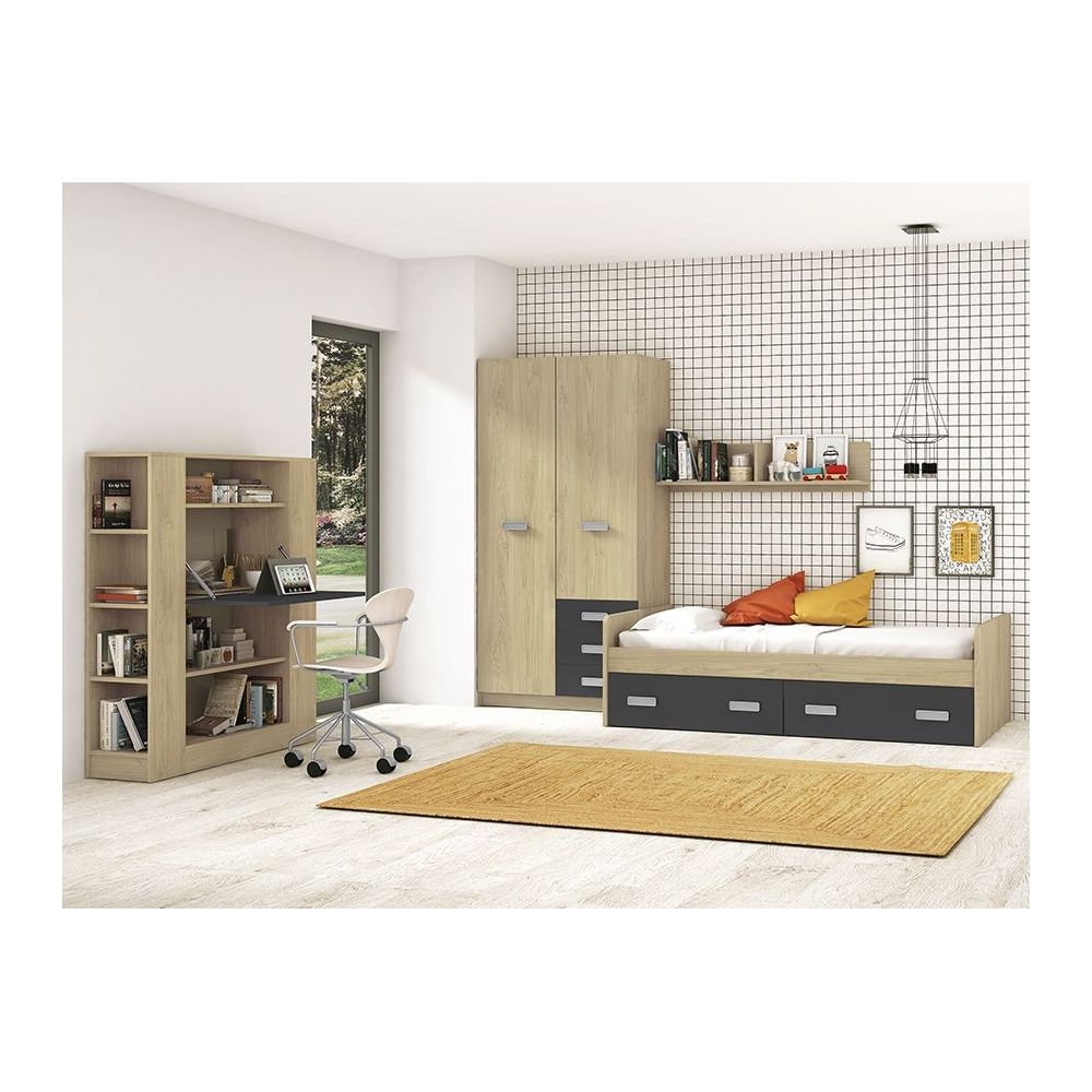 Estantería con Escritorio, Mesa de Ordenador, Acabado en Cambrian y Grafito, Medidas: 119,6 cm (Largo) x 139,6 cm (Alto) x 34