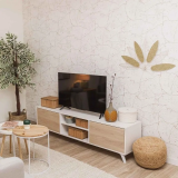 Mueble de TV de Diseño Nórdico + 2 Estantes, 2 Estantes y 2 Puertas,Cambrian-Blanco, 49cm(Al) x 180cm (Anc) x 40cm (Fon)