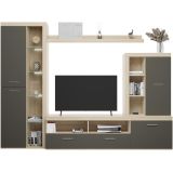 Mueble de Salón Moderno con Leds, Acabado en Cambria - Grafito, Medidas: 260 cm (Ancho) x 191 cm (Alto) 47,5 cm (Fondo)