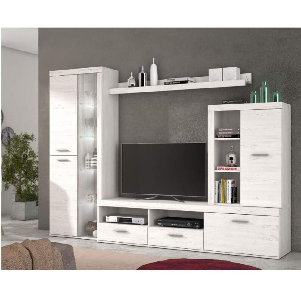 Mueble de Salón Moderno con Leds, Acabado en Andersen Pino, Medidas: 260 cm (Ancho) x 191 cm (Alto) 47,5 cm (Fondo)