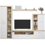 Mueble de Salón Moderno con Leds, Acabado en Cambria - Blanco, Medidas: 260 cm (Ancho) x 191 cm (Alto) 47,5 cm (Fondo)