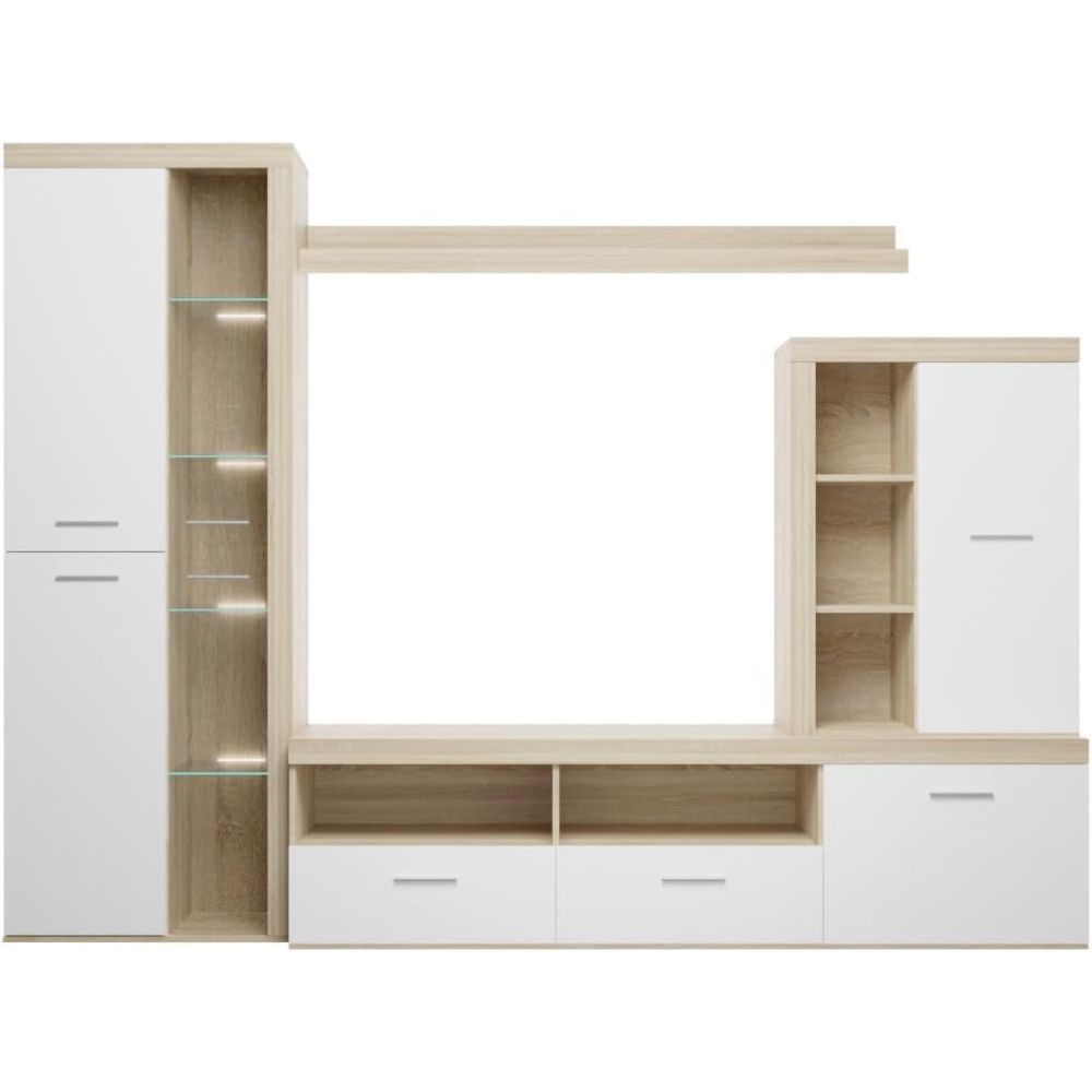 Mueble de Salón Moderno con Leds, Acabado en Cambria - Blanco, Medidas: 260 cm (Ancho) x 191 cm (Alto) 47,5 cm (Fondo)