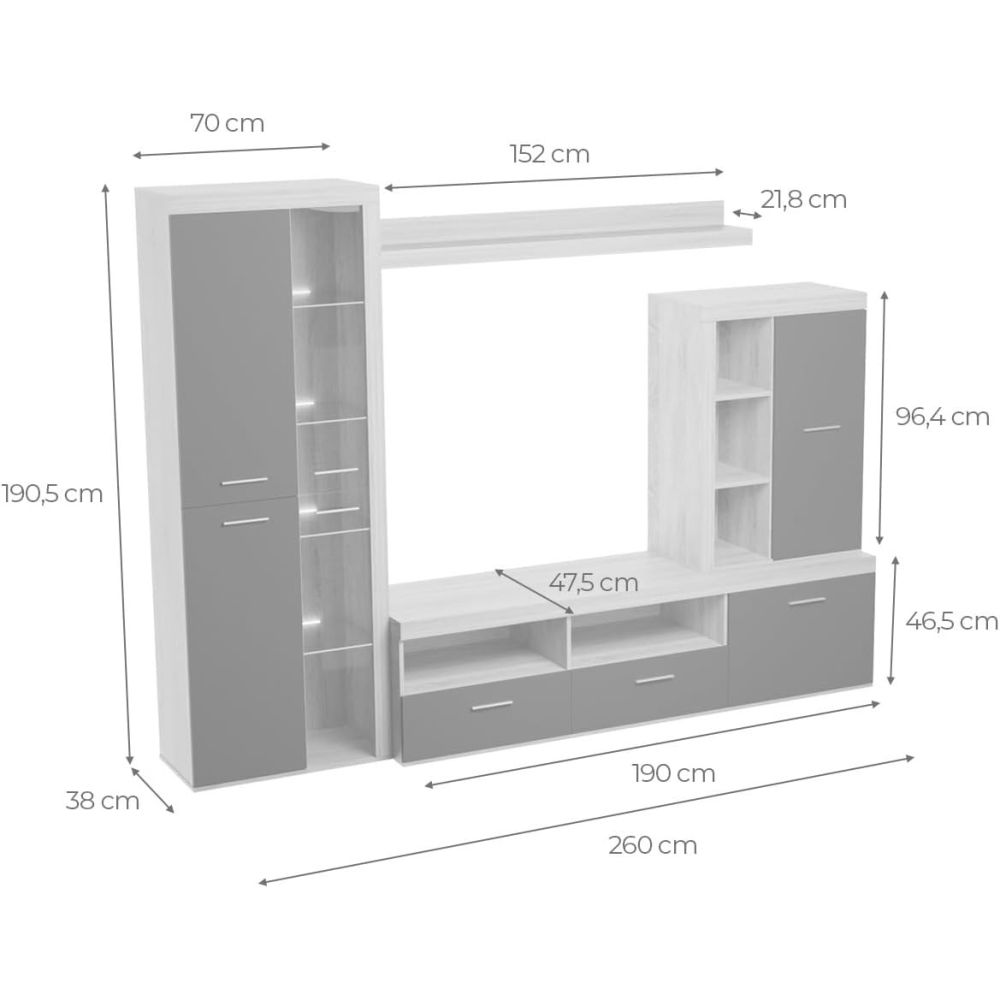 Mueble de Salón Moderno con Leds, Acabado en Cambria - Blanco, Medidas: 260 cm (Ancho) x 191 cm (Alto) 47,5 cm (Fondo)