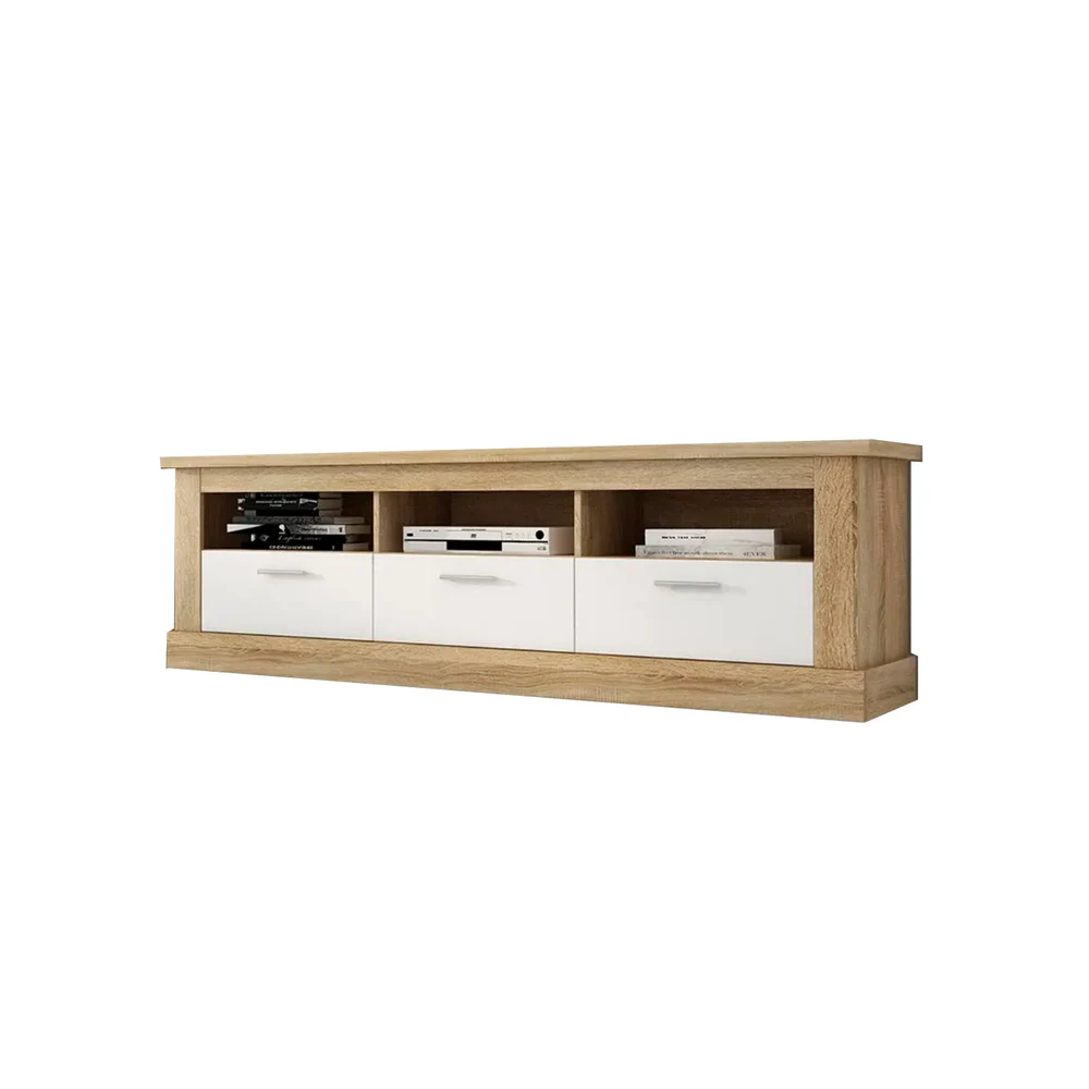 Mueble TV, Mesa de televisión 3 Puertas y 3 Estantes, Acabado en Cambria y Blanco, Patas de Madera,180 cm Lar x 56,6 cm Al x