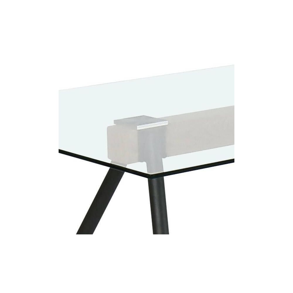 Mesa de Comedor de Cristal Templado - Patas Metálicas Negras y Travesaño de Madera | Diseño Moderno | 140x90 x 75 cm