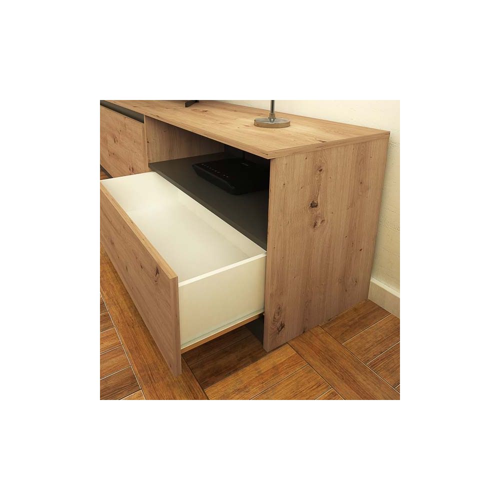 Mueble de TV de Diseño + Modulo Alto de Almacenamiento y 2 Puertas,Roble y Gris 85 cm(Alto) x 200cm (Ancho) x 40cm (Fondo)