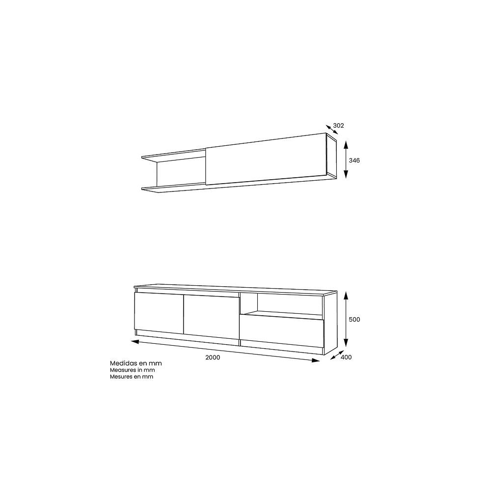 Mueble de TV de Diseño + Modulo Alto de Almacenamiento y 2 Puertas,Roble y Gris 85 cm(Alto) x 200cm (Ancho) x 40cm (Fondo)