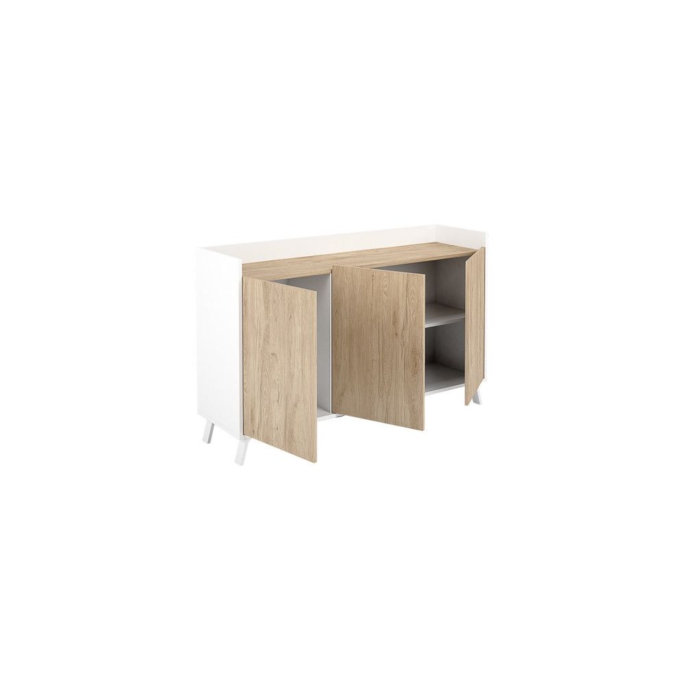 Aparador, Buffet, Salón Comedor 3 Puertas, Armario Auxiliar Color Blanco y Roble, Medidas: 140x87x40 Cm