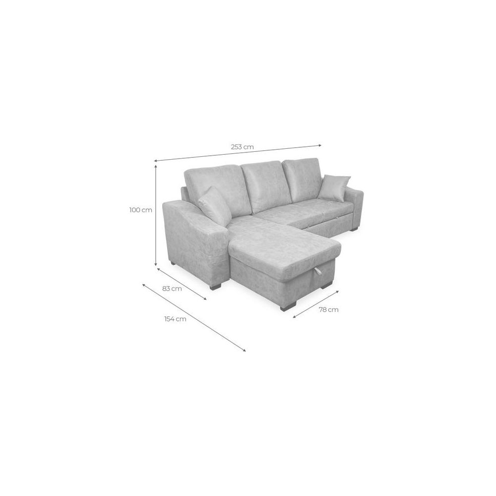 Sofá Cama 3 Plazas Reversible con Chaiselongue y Almacenaje, Tapizado en Tela Piedra, 229x93x153 cm