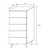 Sinfonier con 5 Cajones y con Patas, Comoda Cajonera Dormitorio, Color Mauvella-rayas, 60cm (Anc) x 118,5cm (Al) x 37,8cm (Fon)