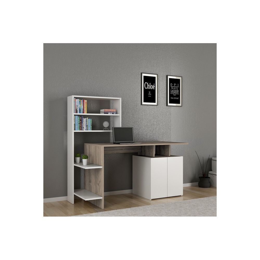Mesa de Despacho con Estantería y 2 Cajones, Gris-Beige-Blanco, 146x60x129 cm, Diseño Moderno para Oficina