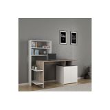 Mesa de Despacho con Estantería y 2 Cajones, Gris-Beige-Blanco, 146x60x129 cm, Diseño Moderno para Oficina